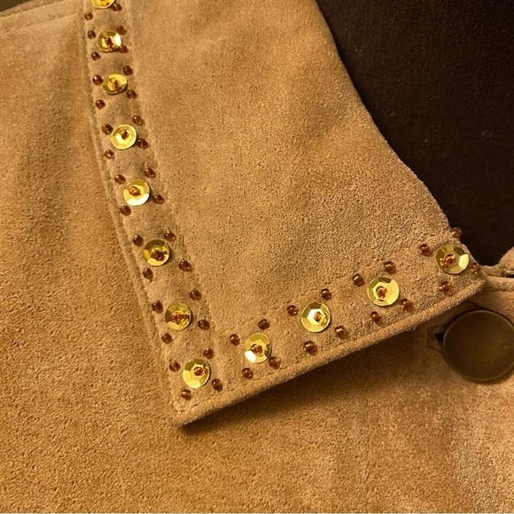 Tribal Suede Tan Leather Jacket With Gold Sequin & Beaded Trim, Womens size 10 - Picture 7 of 16